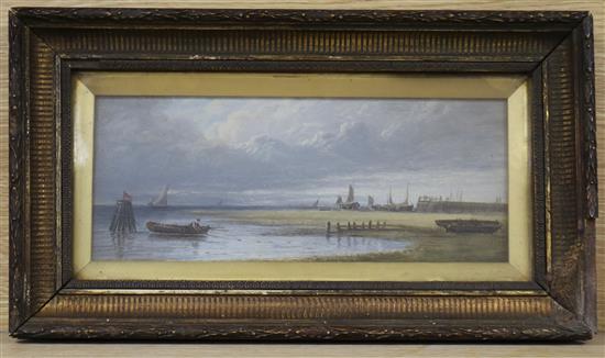 GW, oil on millboard, Dutch coastal landscape at low tide, initialled, 11 x 29cm